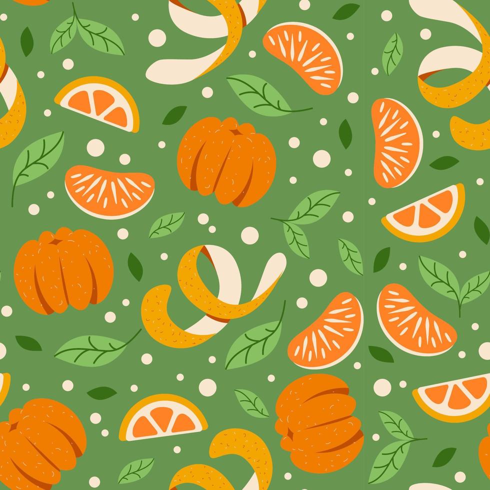 Seamless pattern with citrus fruits. Tangerines and oranges on a green background. Packaging paper, print, textile, fabric vector