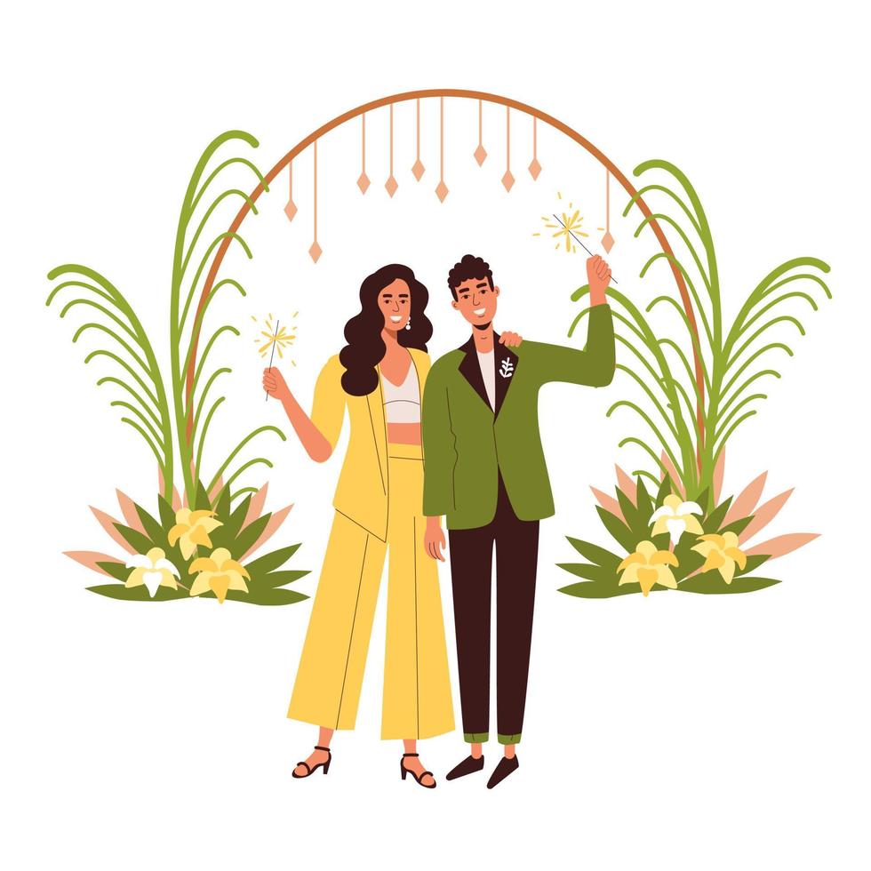 fiesta de bodas al estilo de hawaii. un arco tropical para la ceremonia. la novia y el novio vestidos de amarillo y verde vector