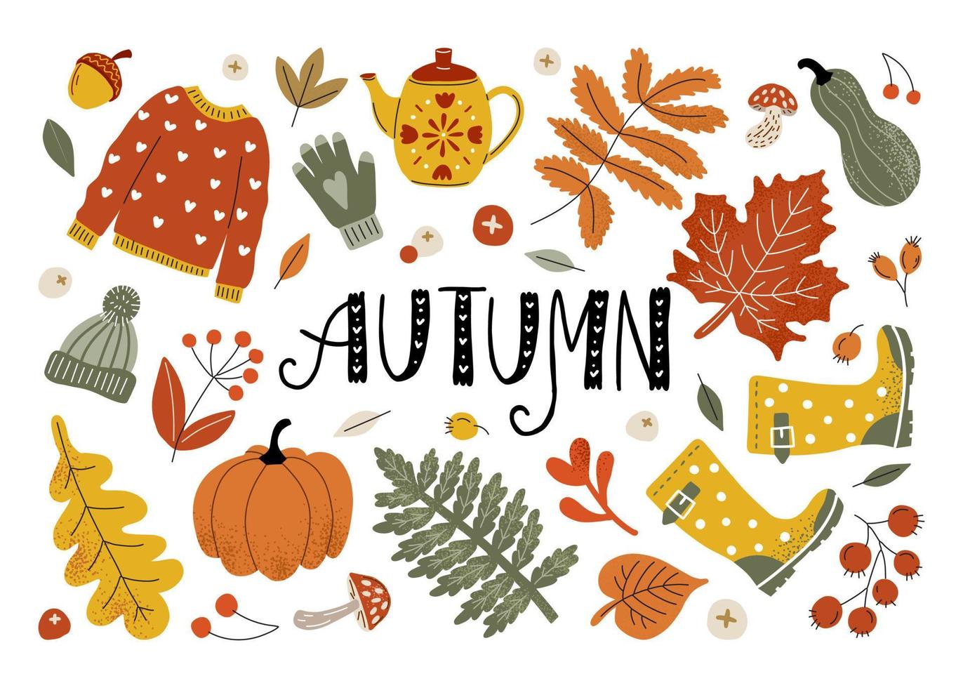 cozy autumn vector set with lettering. Sweater, kettle, leaf fall and boots. Pumpkin, hat and gloves will warm you up in autumn. Fall and rubber boots