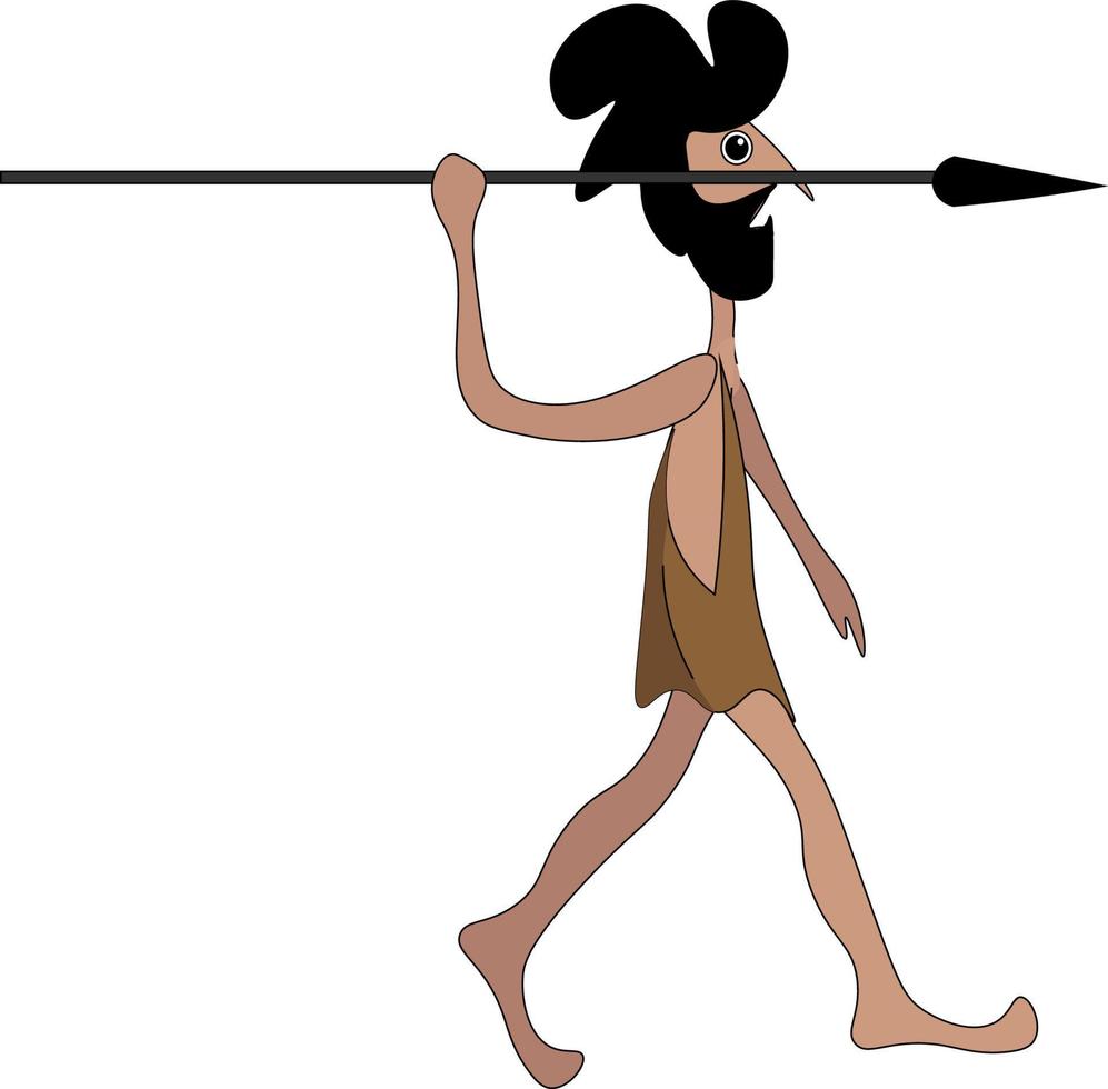 Caveman with spear, illustration, vector on white background.