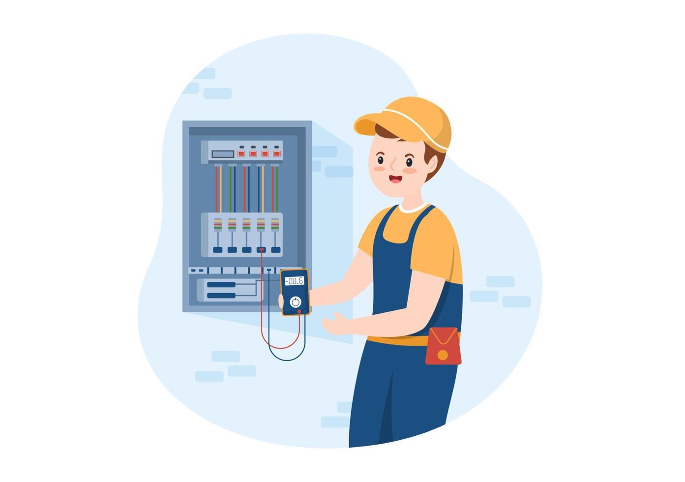 Lighting and Electricity Energy Maintenance Service Panel Cabinet of Technician Electrical Work on Flat Cartoon Hand Drawn Templates Illustration vector