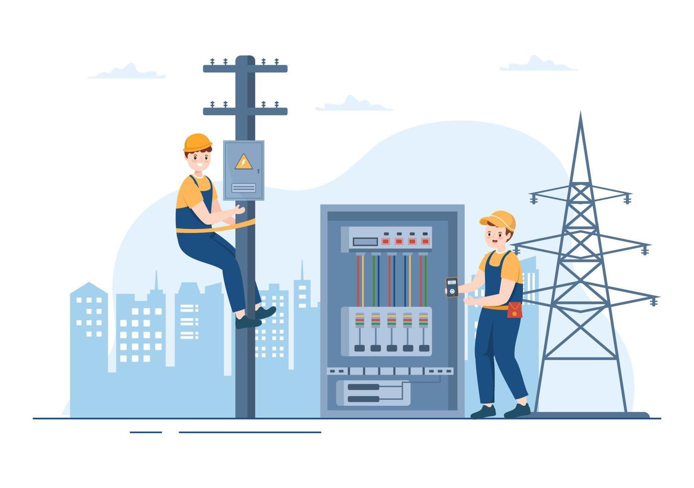 gabinete de panel de servicio de mantenimiento de energía eléctrica e  iluminación de trabajo eléctrico técnico en ilustración de plantillas  dibujadas a mano de dibujos animados planos 13612648 Vector en Vecteezy