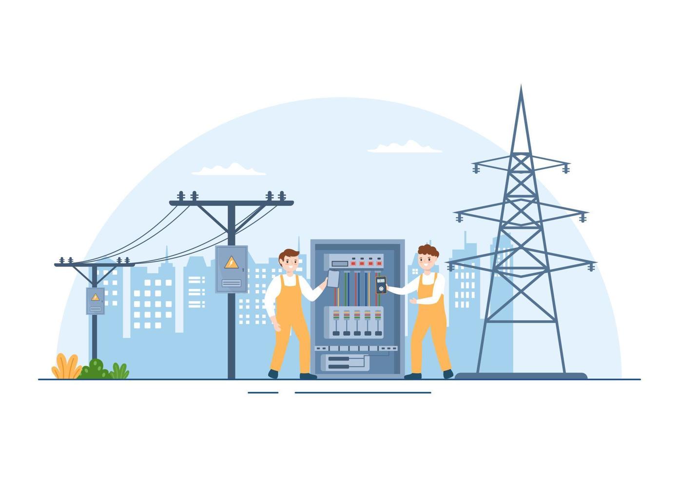 Lighting and Electricity Energy Maintenance Service Panel Cabinet of Technician Electrical Work on Flat Cartoon Hand Drawn Templates Illustration vector