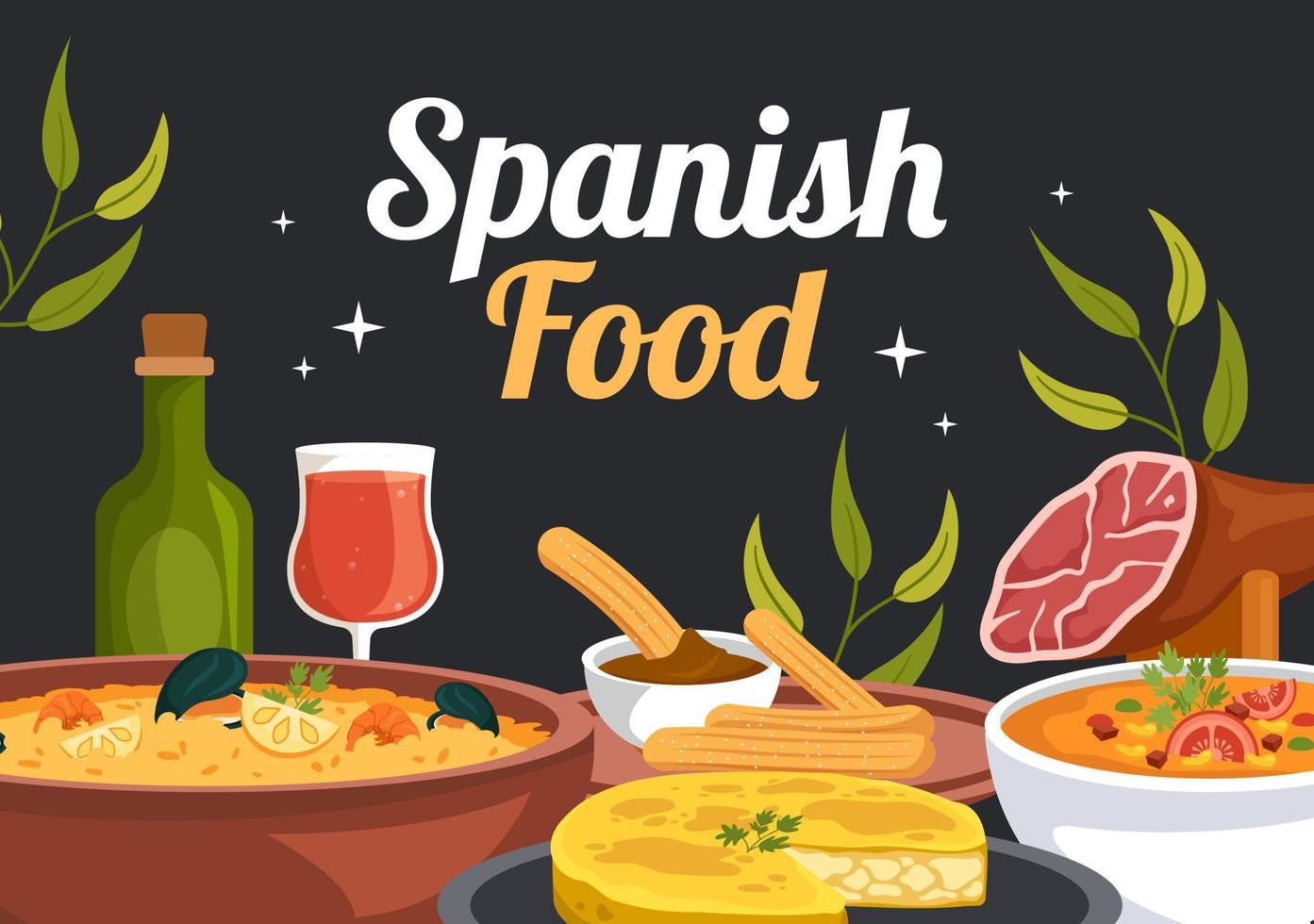 Spanish Food Cuisine Menu Restaurant with Various of Traditional Dish Recipe on Flat Cartoon Hand Drawn Templates Illustration vector