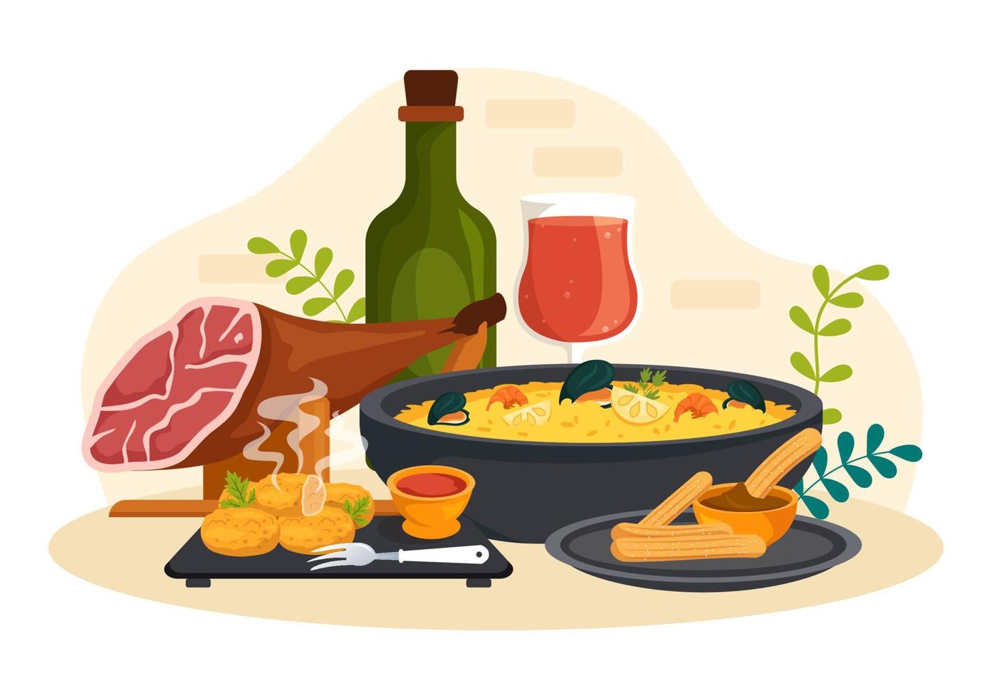 restaurante de menú de cocina de comida española con varias recetas de platos tradicionales en ilustración de plantillas dibujadas a mano de dibujos animados planos vector