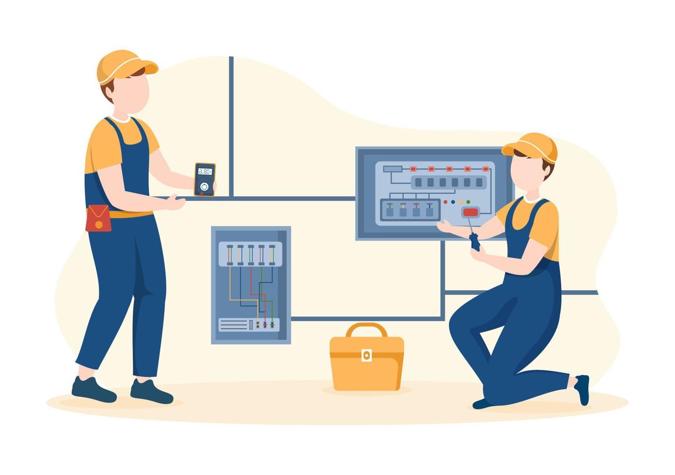 gabinete de panel de servicio de mantenimiento de energía eléctrica e iluminación de trabajo eléctrico técnico en ilustración de plantillas dibujadas a mano de dibujos animados planos vector