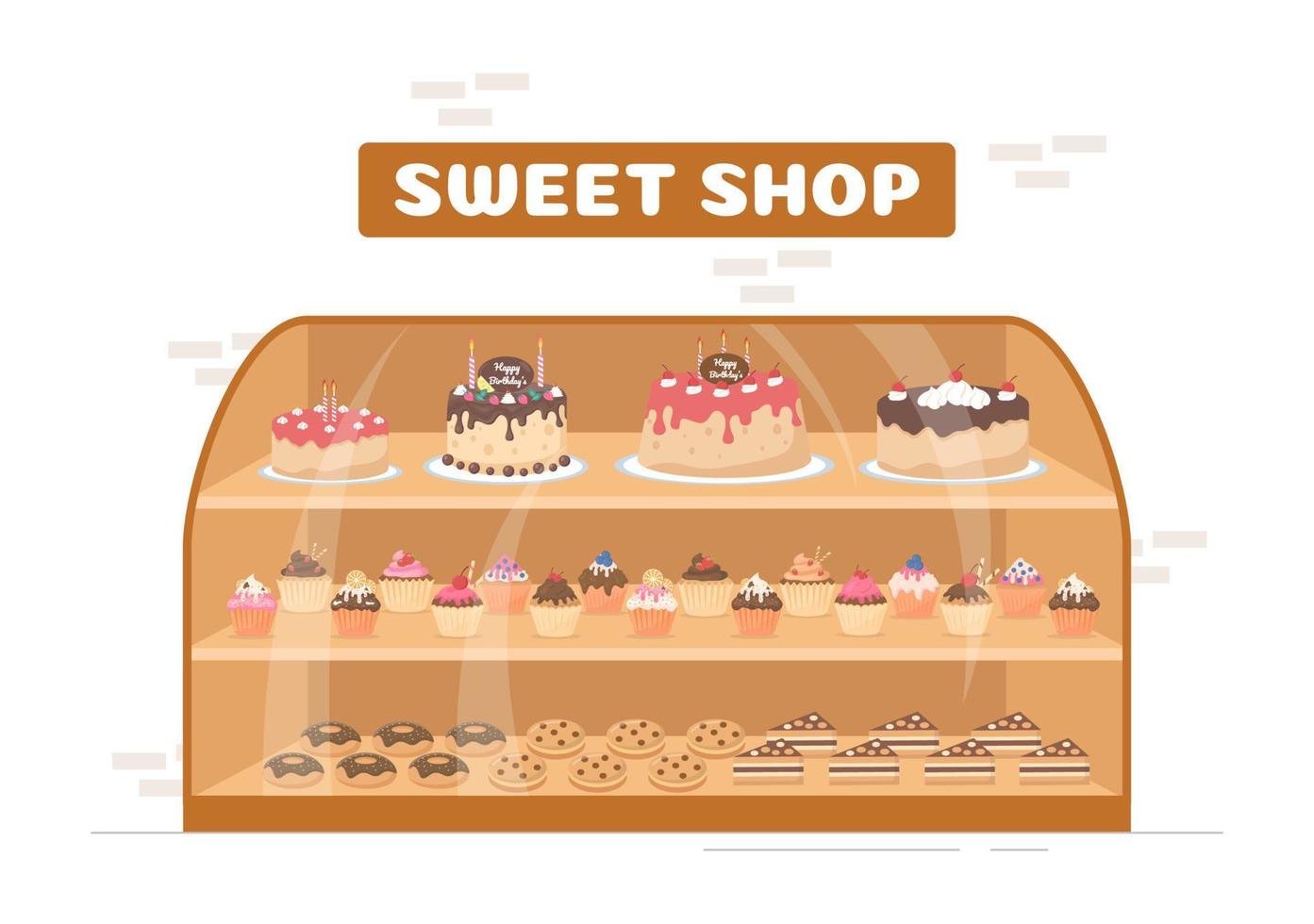 tienda de dulces que vende varios productos de panadería, magdalenas, pasteles, pasteles o dulces en dibujos animados planos dibujados a mano ilustración de plantillas vector