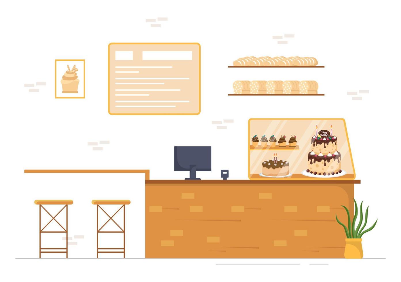 tienda de dulces que vende varios productos de panadería, magdalenas, pasteles, pasteles o dulces en dibujos animados planos dibujados a mano ilustración de plantillas vector