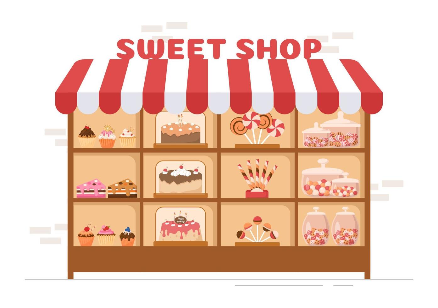 tienda de dulces que vende varios productos de panadería, magdalenas, pasteles, pasteles o dulces en dibujos animados planos dibujados a mano ilustración de plantillas vector