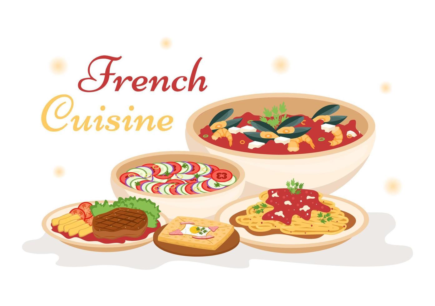 restaurante de cocina francesa con varios platos de comida tradicional o nacional de francia en ilustración de plantillas dibujadas a mano de dibujos animados de estilo plano vector