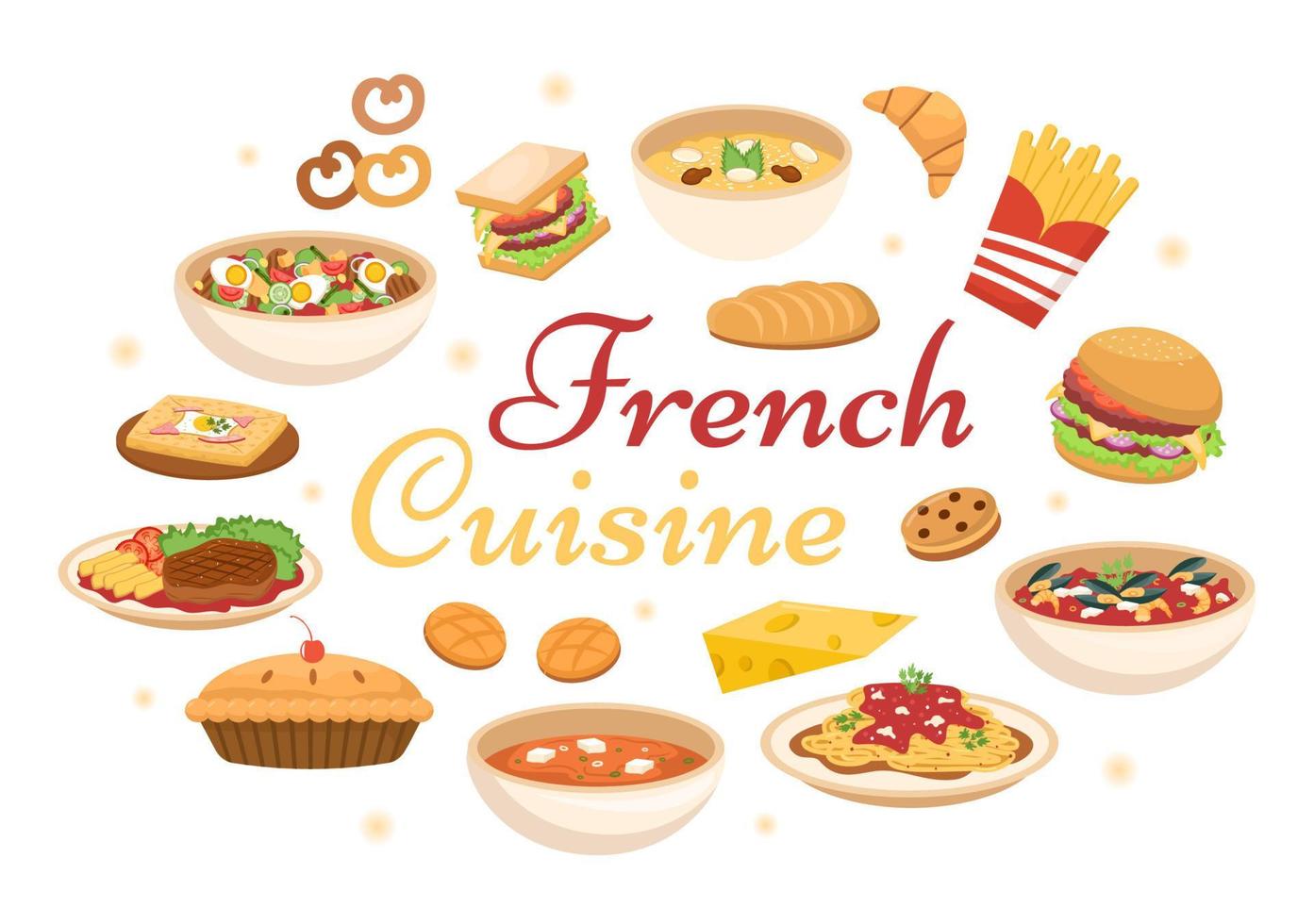 French Cuisine Restaurant with Various Traditional or National Food Dish of France on Flat Style Cartoon Hand Drawn Templates Illustration vector