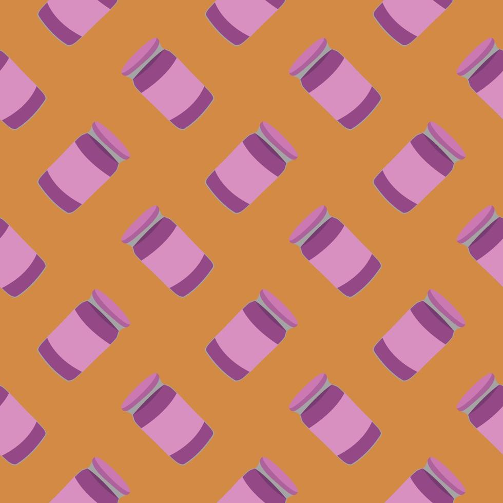 tarro morado de mermelada, patrón sin costuras sobre fondo naranja. vector