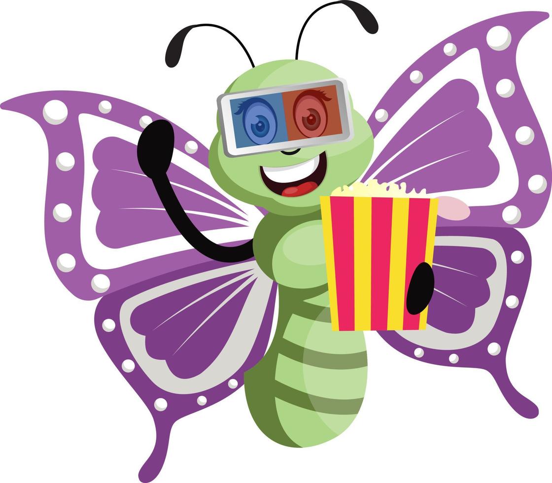 Butterfly with popcorn, illustration, vector on white background.