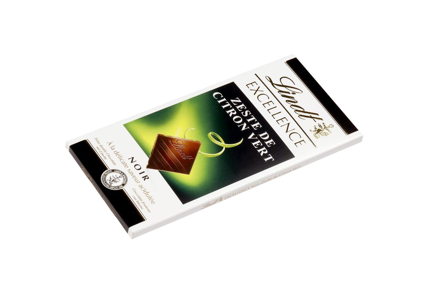 KHARKIV, UKRAINE - DECEMBER 18, 2020 Lindt Chocolate on white background. Lindt and Spruengli AG is a Swiss chocolatier and confectionery company known for their chocolate bars photo