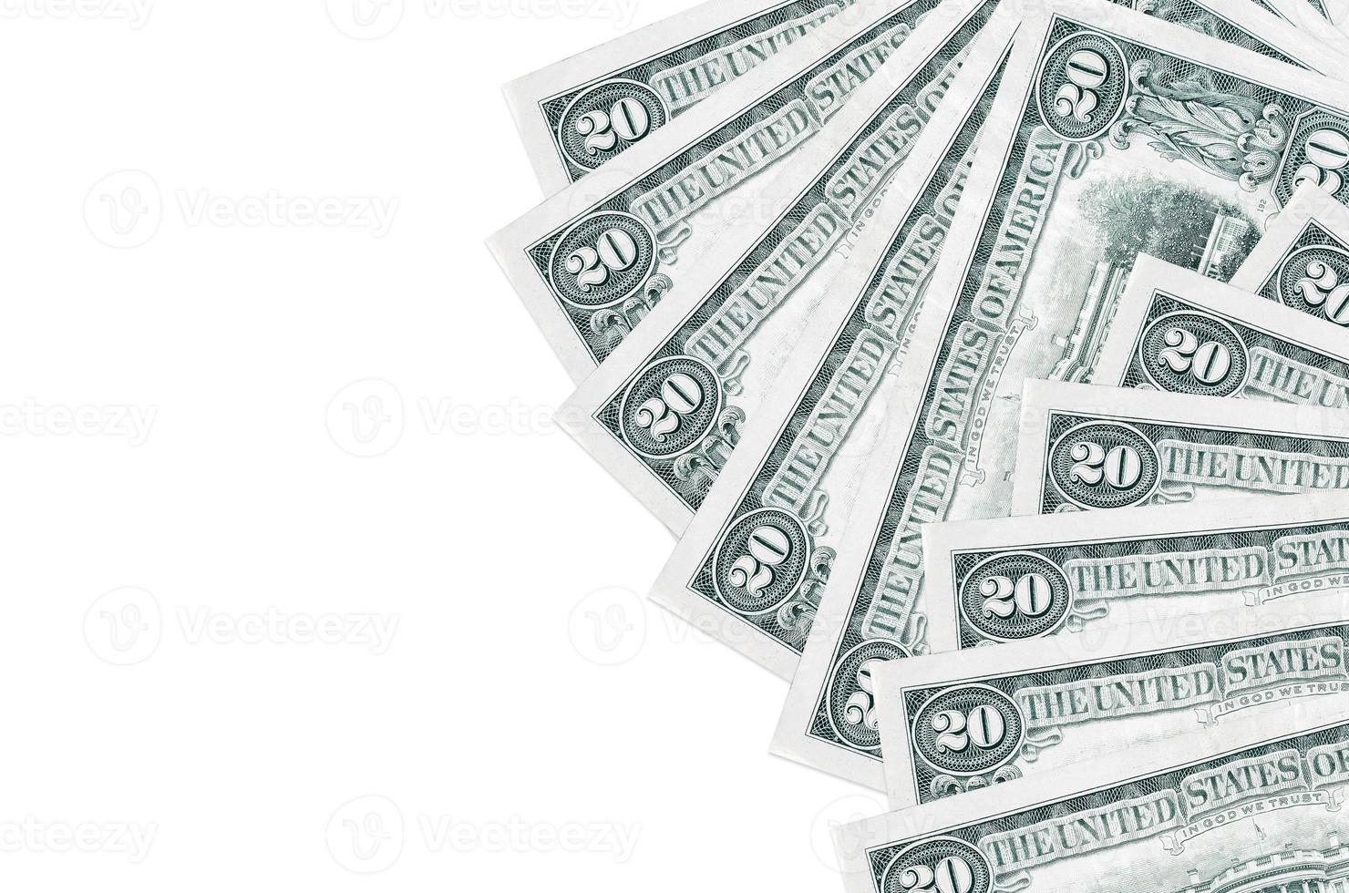 20 US dollars bills lies isolated on white background with copy space. Rich life conceptual background photo