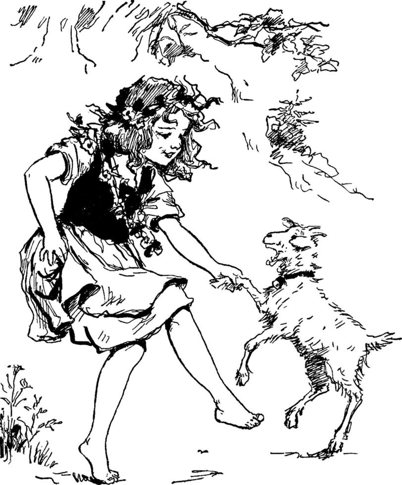 Dancing Girl with Goat, vintage illustration vector