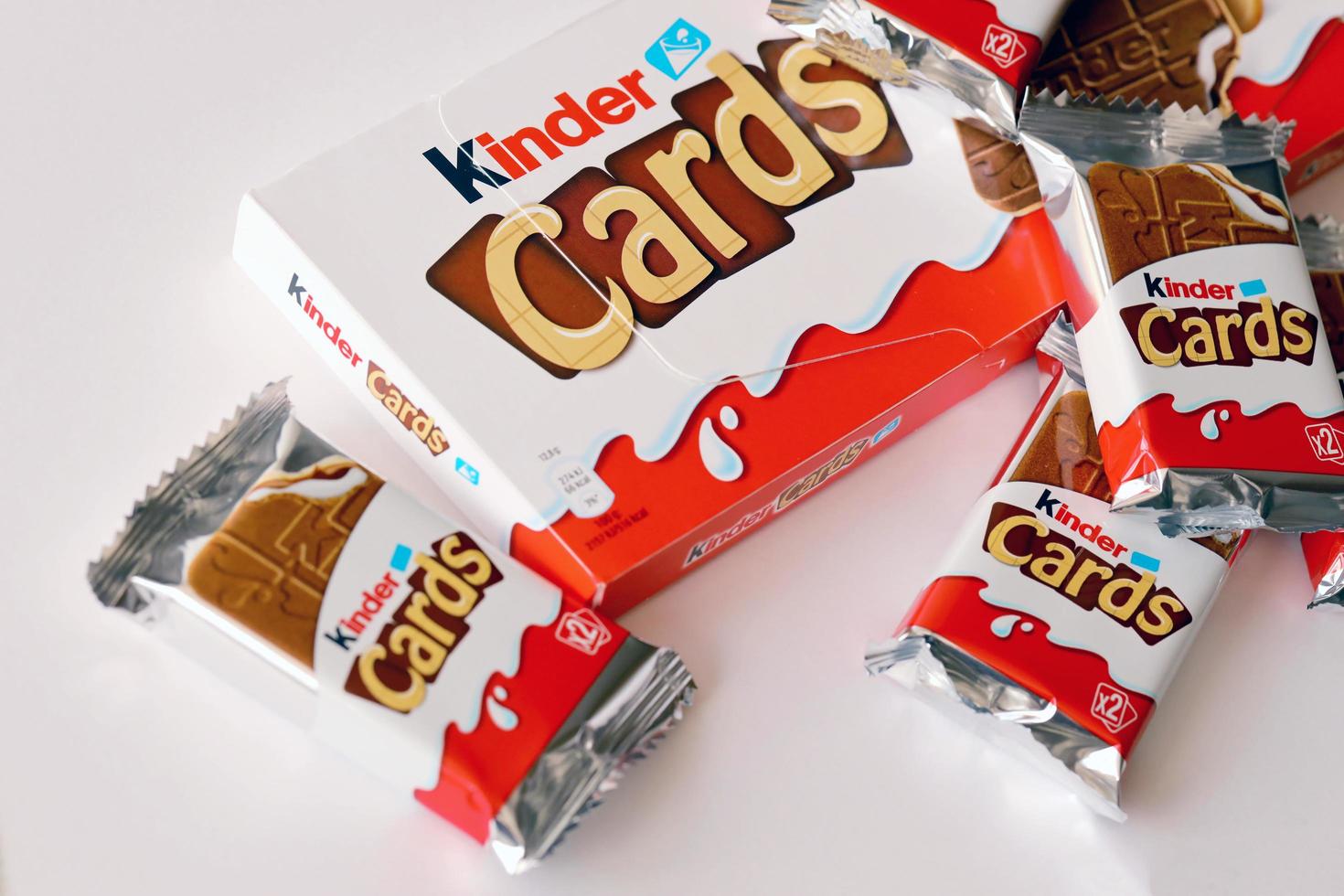 TERNOPIL, UKRAINE - JUNY 3, 2022 Kinder Chocolate Cards product pack. Kinder is a confectionery product brand line of multinational confectionery Ferrero. photo