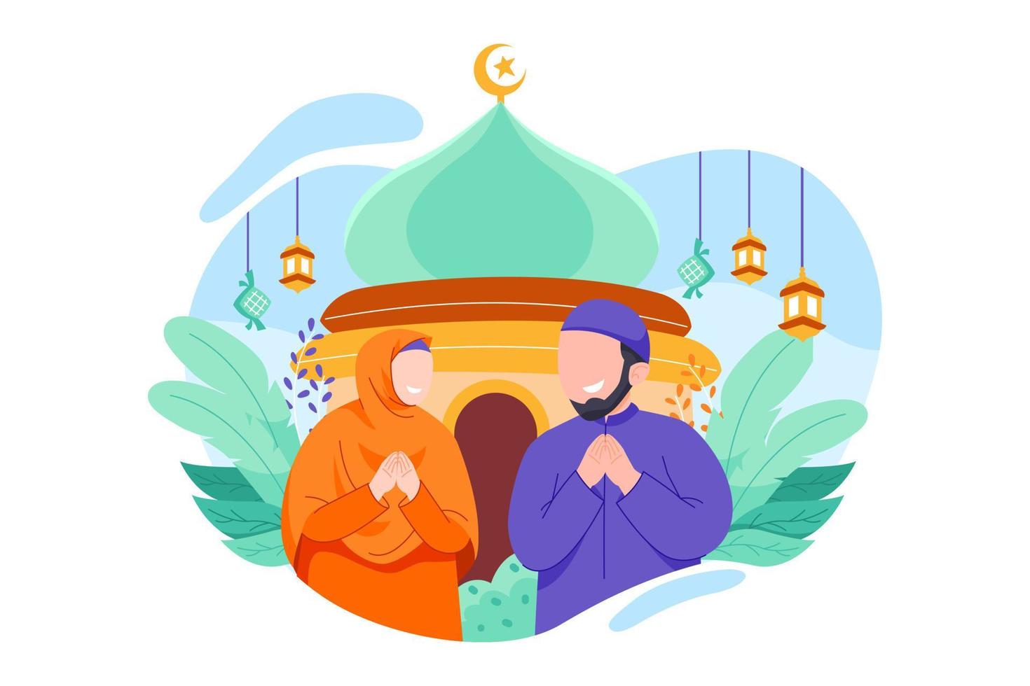 Muslim Couple Praying in Front of Mosque Scene vector