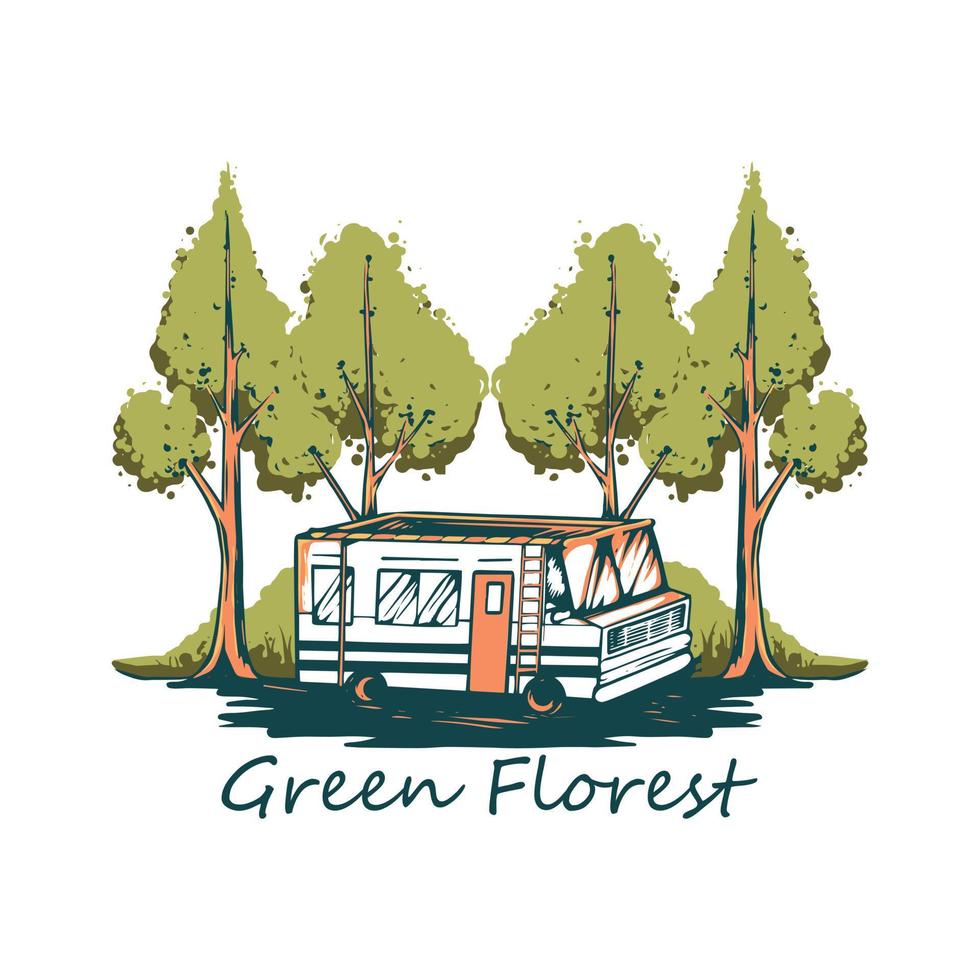 green forest with camping bus illustration vector