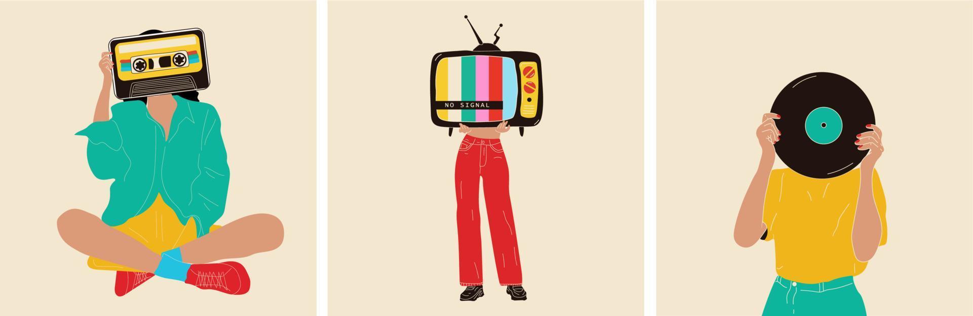 Set of three Girl holds an old cassette, an old vinyl record, an old tv  in her hands .Retro fashion style from 80s. Vector illustrations in trendy colors.