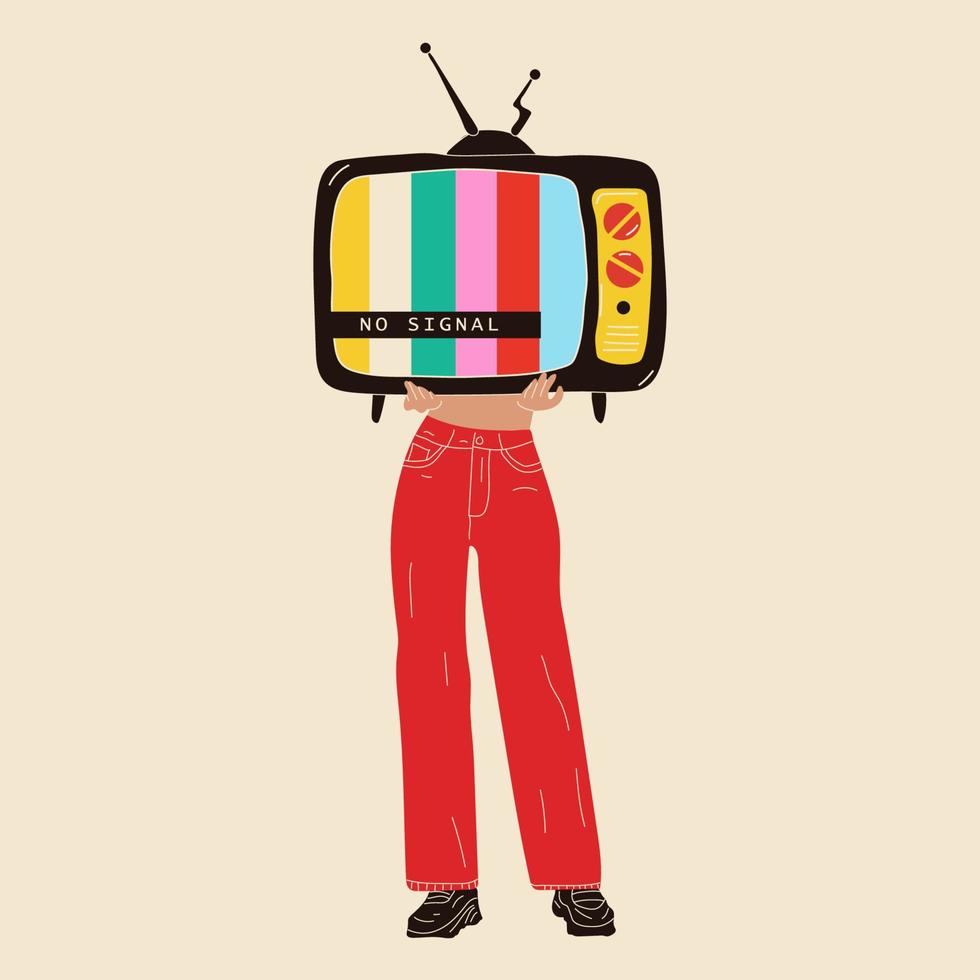 Girl holds an old tv in her hands .Retro fashion style from 80s. Vector illustrations in trendy colors.