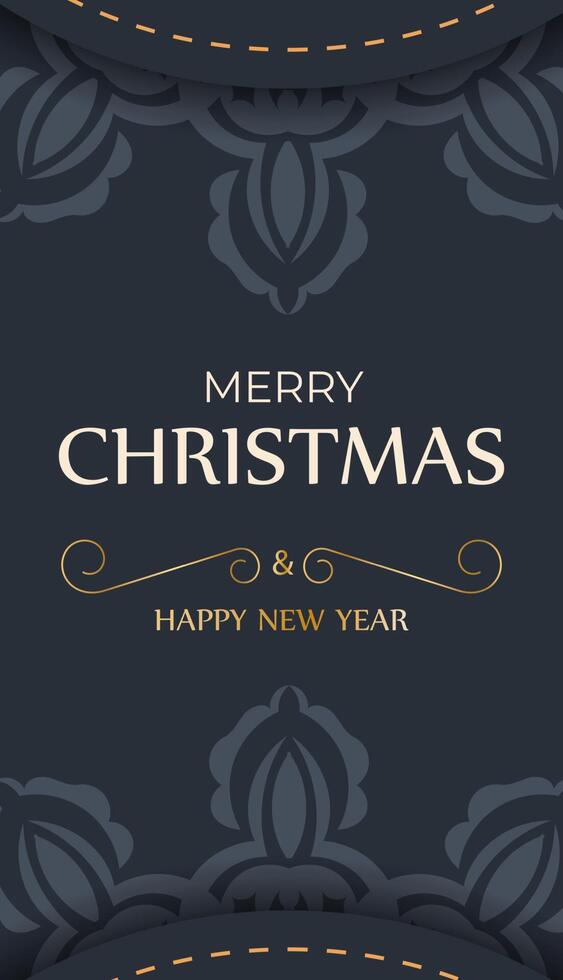 Holiday card Merry Christmas and Happy New Year in dark blue color with vintage blue pattern vector