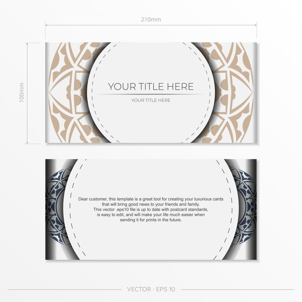 Invitation template with space for your text and abstract patterns. Luxurious Vector Design Postcard White Colors With Patterns.