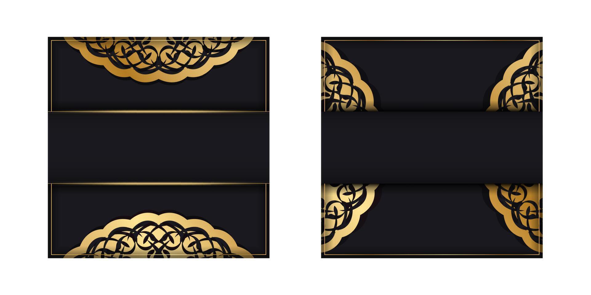 Black postcard with luxurious gold ornamentation is ready for printing. vector