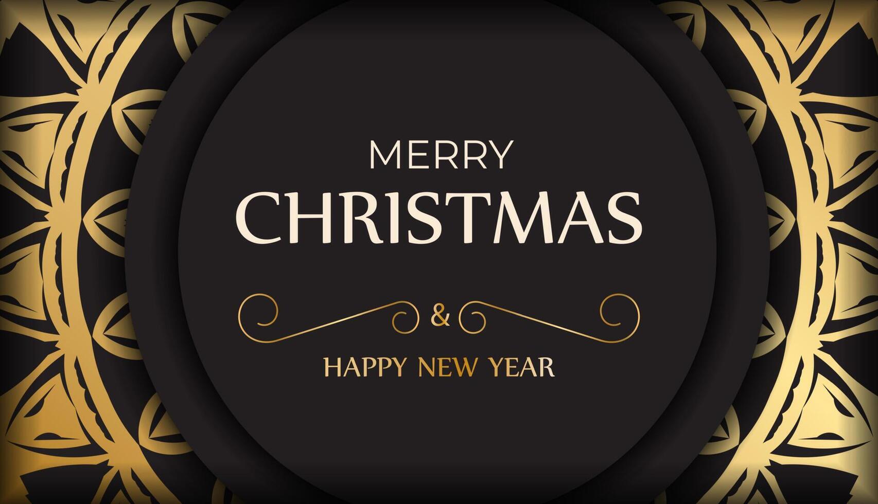 Postcard Happy New Year and Merry Christmas in black color with gold ornaments. vector