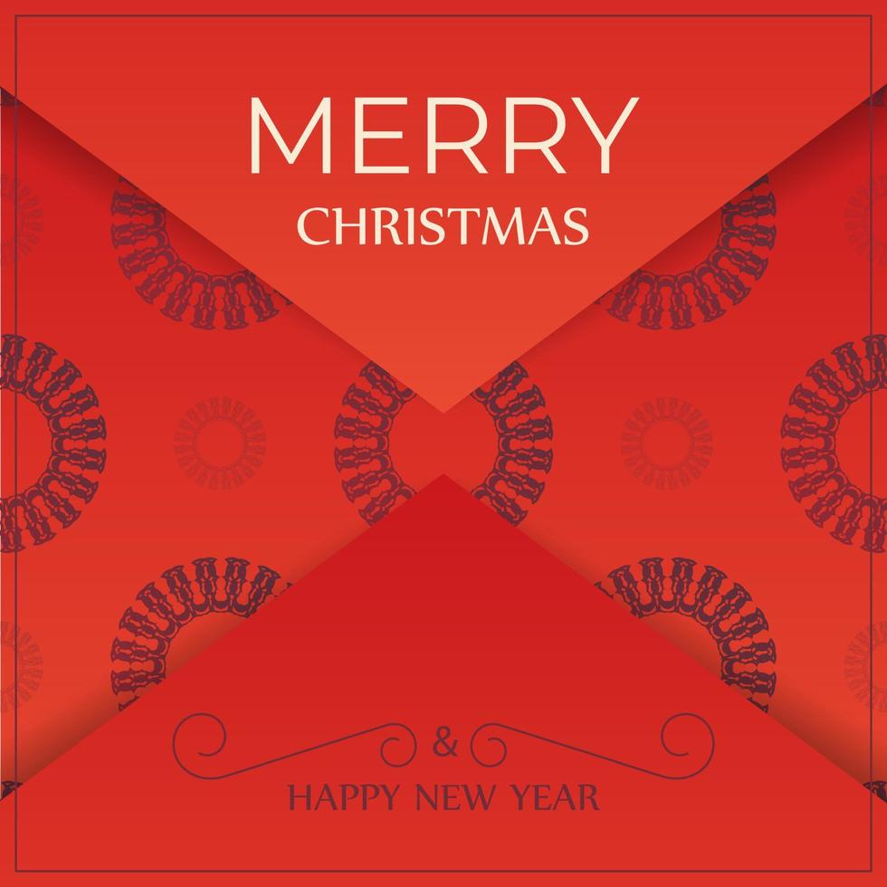 plantilla de folleto de saludo de feliz navidad y feliz año nuevo color rojo con adorno burdeos vintage vector