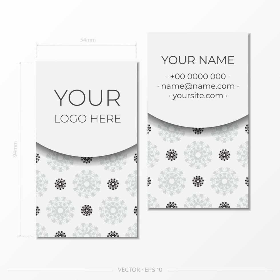The business card is white with black ornaments. Print-ready business card design with space for your text and abstract patterns. vector