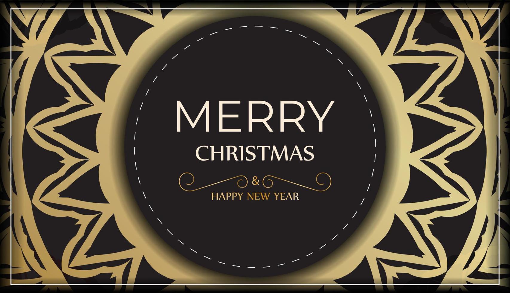 Template Greeting card Happy New Year and Merry Christmas in black color with gold pattern. vector