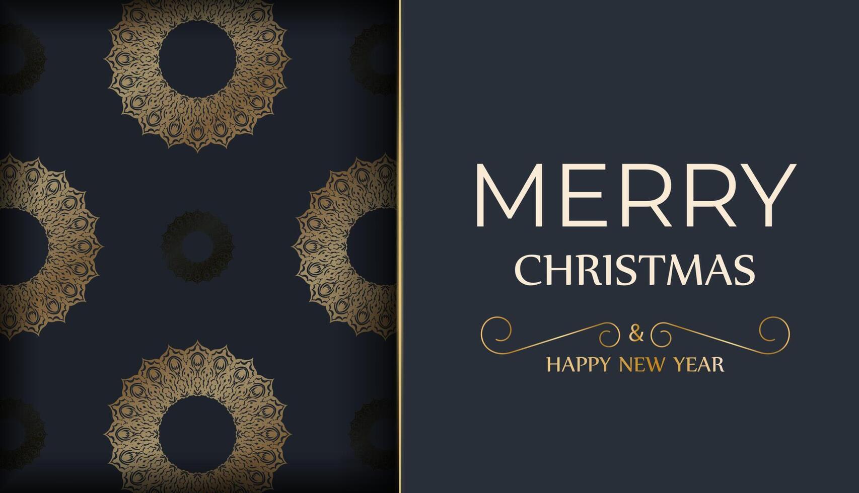 Merry Christmas and Happy New Year greeting card template in dark blue color with winter gold pattern vector