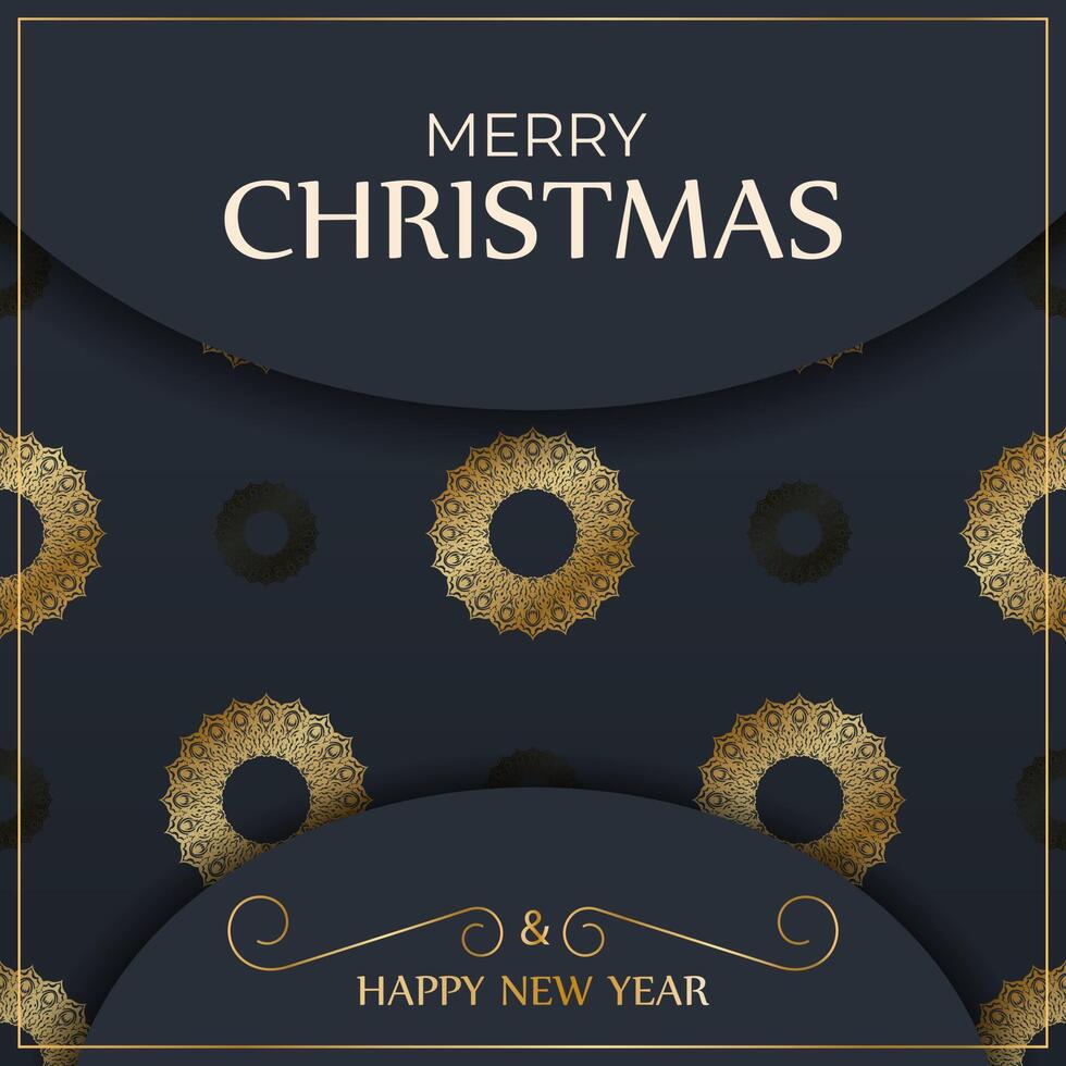 Happy new year flyer template in dark blue color with winter gold pattern vector