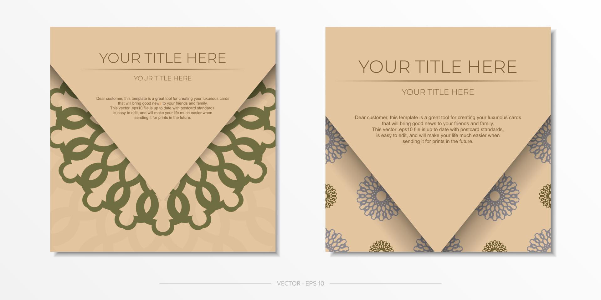 Ready-to-print design of a postcard in Beige color with mandala ornament. Invitation template with space for your text and abstract patterns. vector