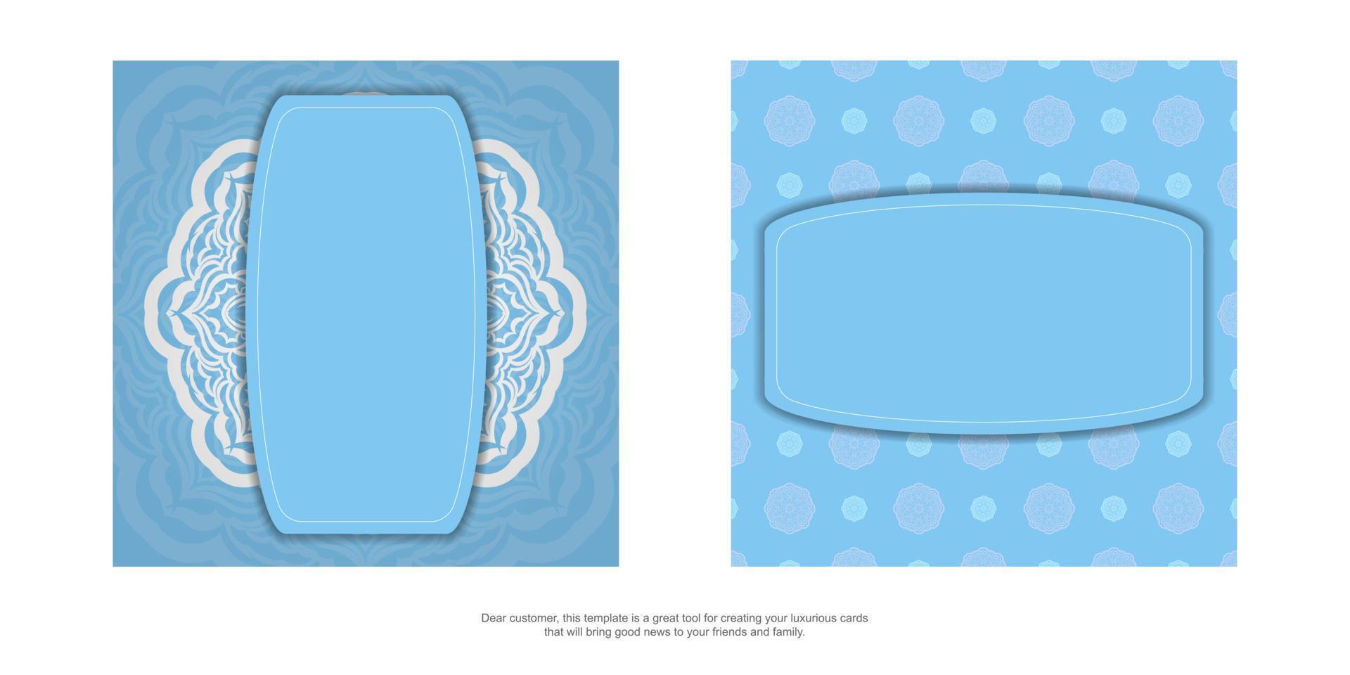 The postcard is light blue with a luxurious white pattern and is ready for printing. vector