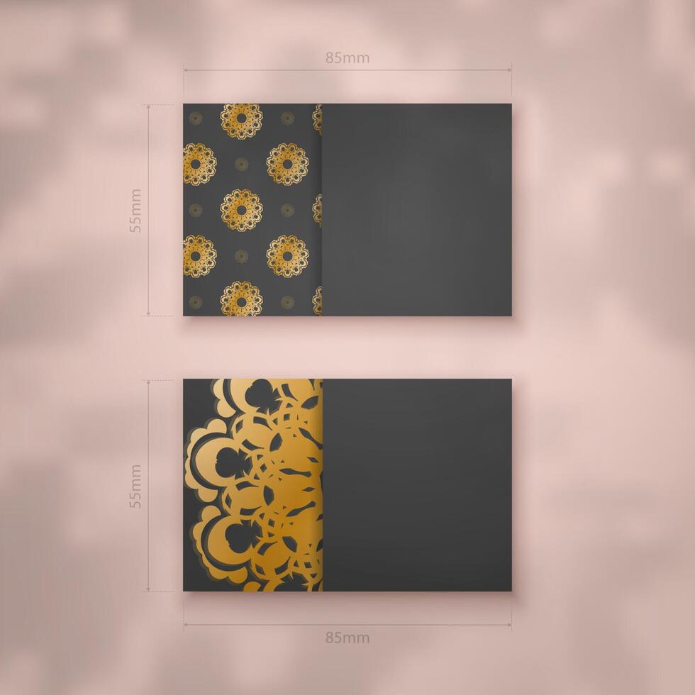 Business card template in black color with abstract gold ornament for your contacts. vector