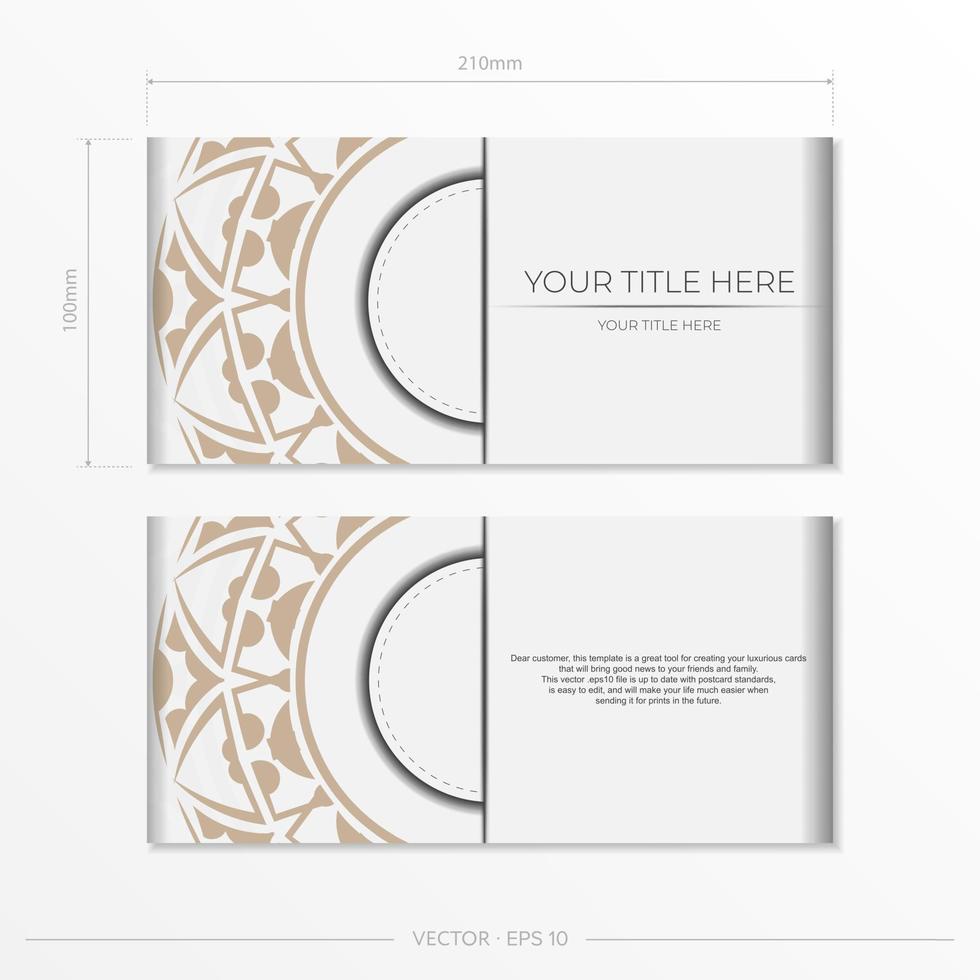 plantilla de vector de lujo para postales de diseño de impresión colores blancos con patrones. preparando una invitación con un lugar para tu texto y un adorno abstracto.