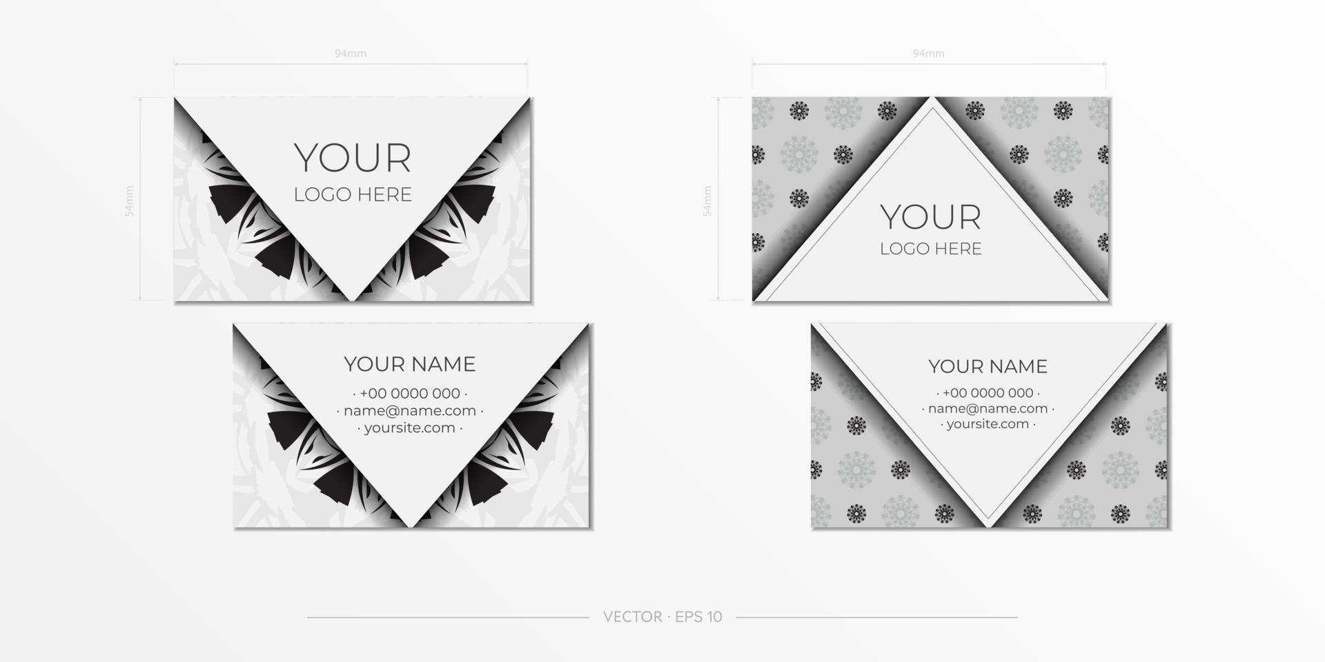 Business card design in white with black patterns. Stylish business cards with place for your text and abstract ornament. vector