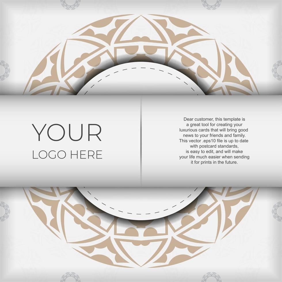 Luxurious Design of a postcard in White color with an ornament. Vector invitation card with place for your text and abstract patterns.