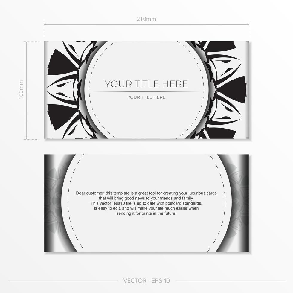 plantilla de invitación con espacio para su texto y patrones abstractos. postal de diseño vectorial de lujo color blanco con motivos negros. vector