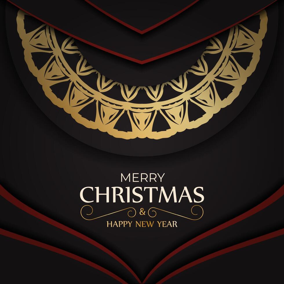 Template Greeting card Merry Christmas and Happy New Year in black color with gold pattern. vector