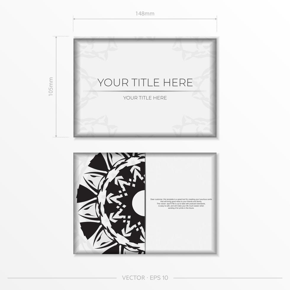 Luxurious Vector Print Ready White Color Greeting Card Design with Black Patterns. Invitation card template with place for your text and abstract ornament.