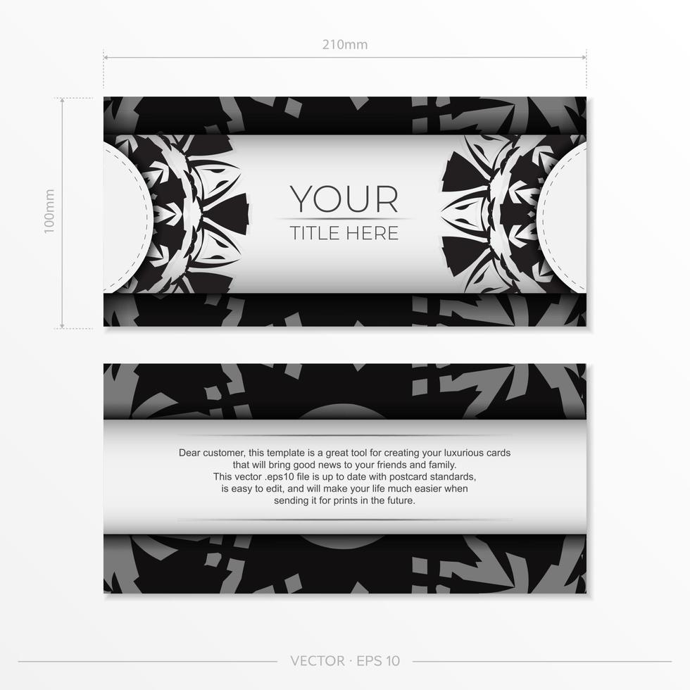 Luxurious Vector Template for Print Design Postcard White Color with Black Ornaments. Preparing an invitation with a place for your text and abstract patterns.