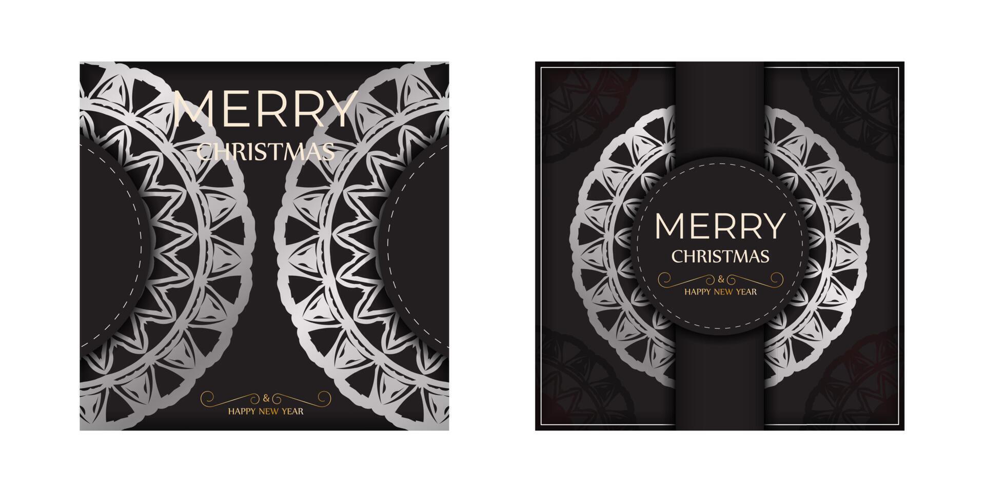 Greeting card Happy New Year and Merry Christmas in black color with winter pattern. vector