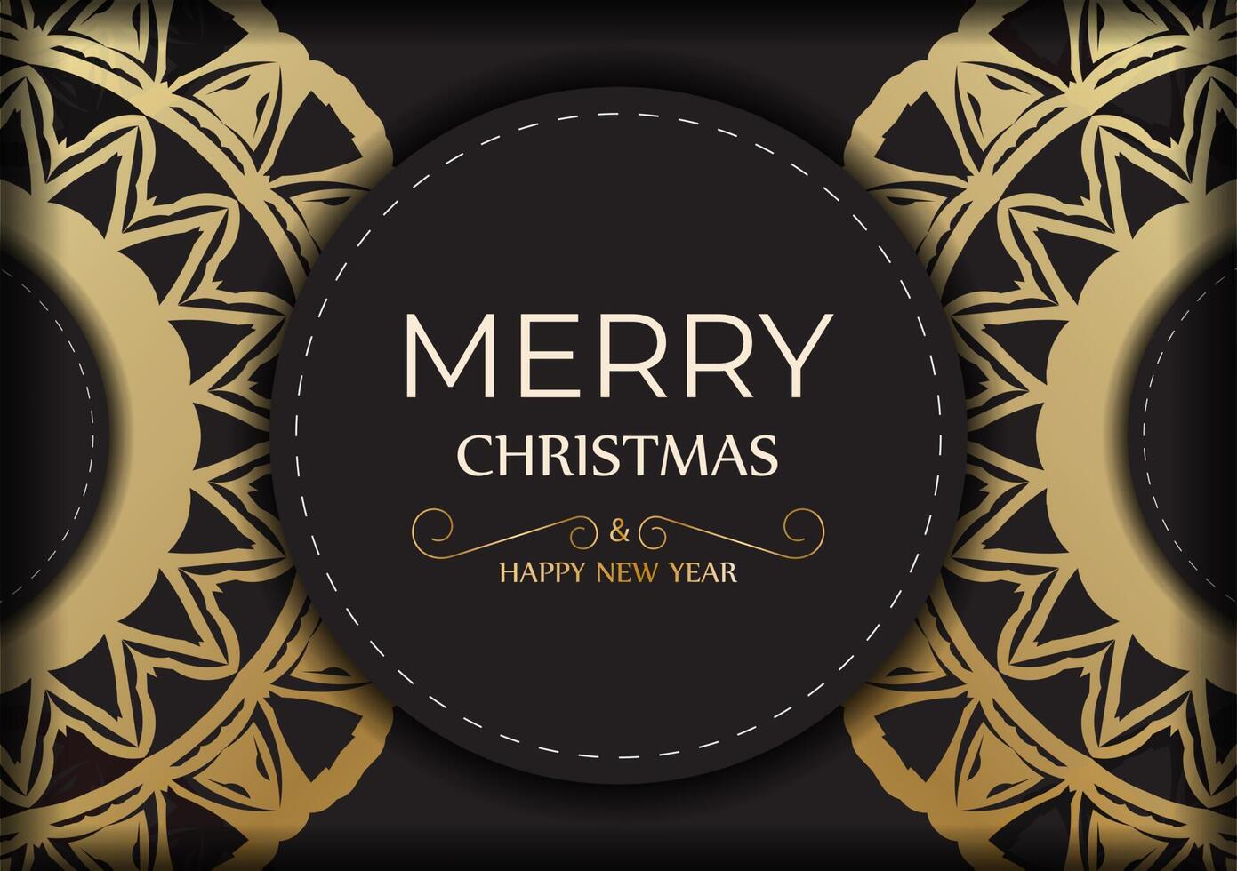 Template Greeting card Happy New Year and Merry Christmas in black color with gold ornament. vector