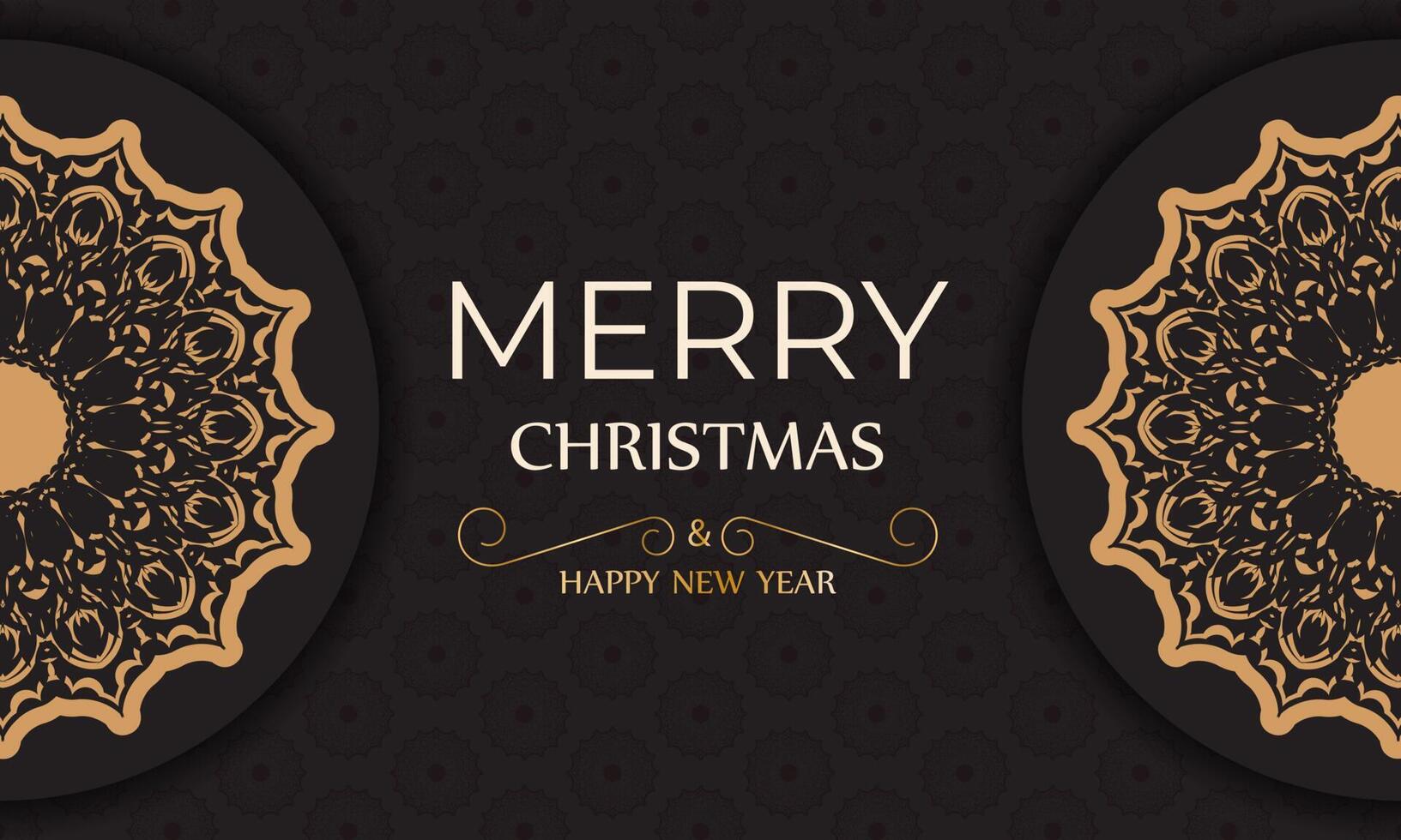 Banner Merry Christmas and Happy New Year in black with orange ornaments. vector