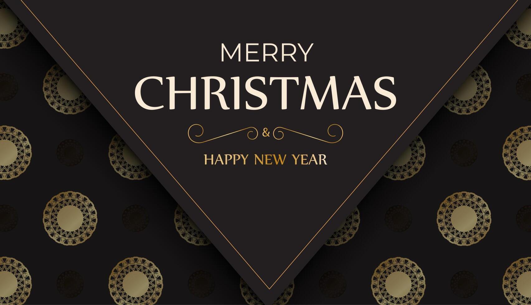 Greeting Card Merry Christmas and Happy New Year in black color with gold pattern. vector