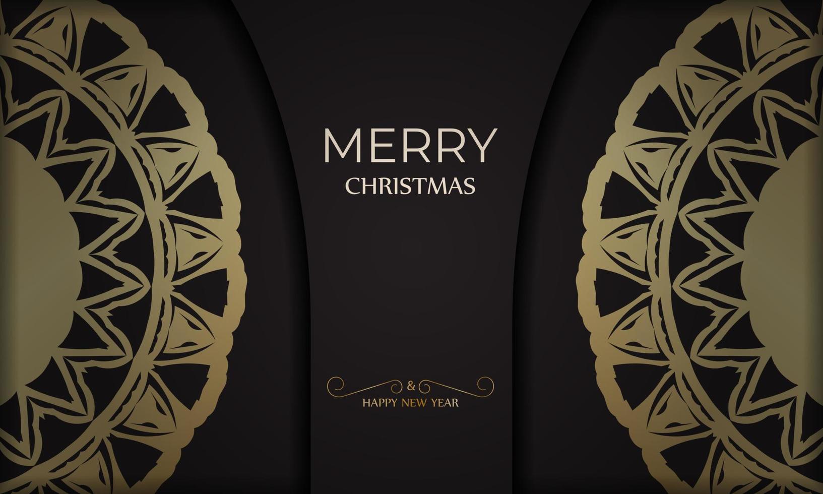 Black Merry Christmas and Happy New Year poster with gold ornaments. vector