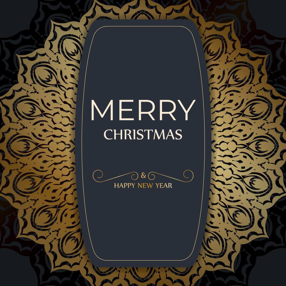 Merry Christmas and Happy New Year greeting card template in dark blue color with luxury gold ornaments vector